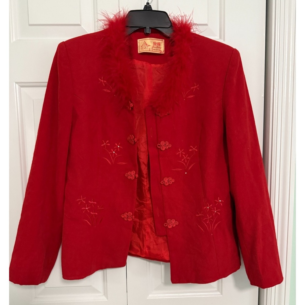 Asian Red Jacket Women Feathered Collar Long Sleeve, Size M Chinese Coat Y2K